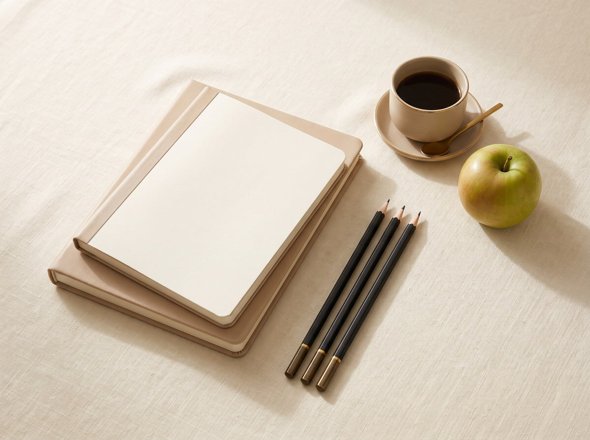 A stack of cream notebooks, sharpened pencils, a cup of coffee and a green apple on cream linen.