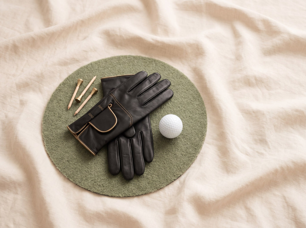 A black leather glove, wooden tees and a golf ball resting on a circle of putting green turf.
