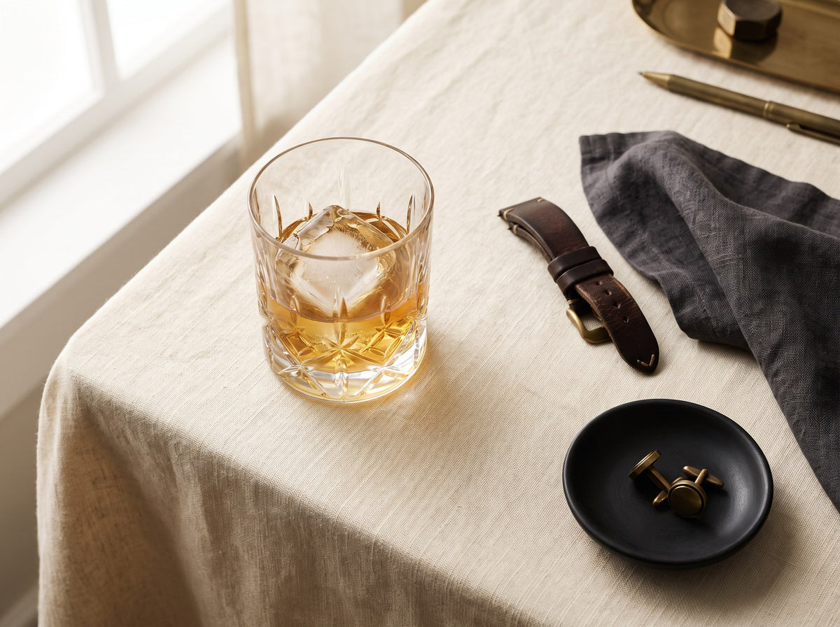 A cut crystal tumbler, a brown leather watch strap and a charcoal linen napkin on cream linen.