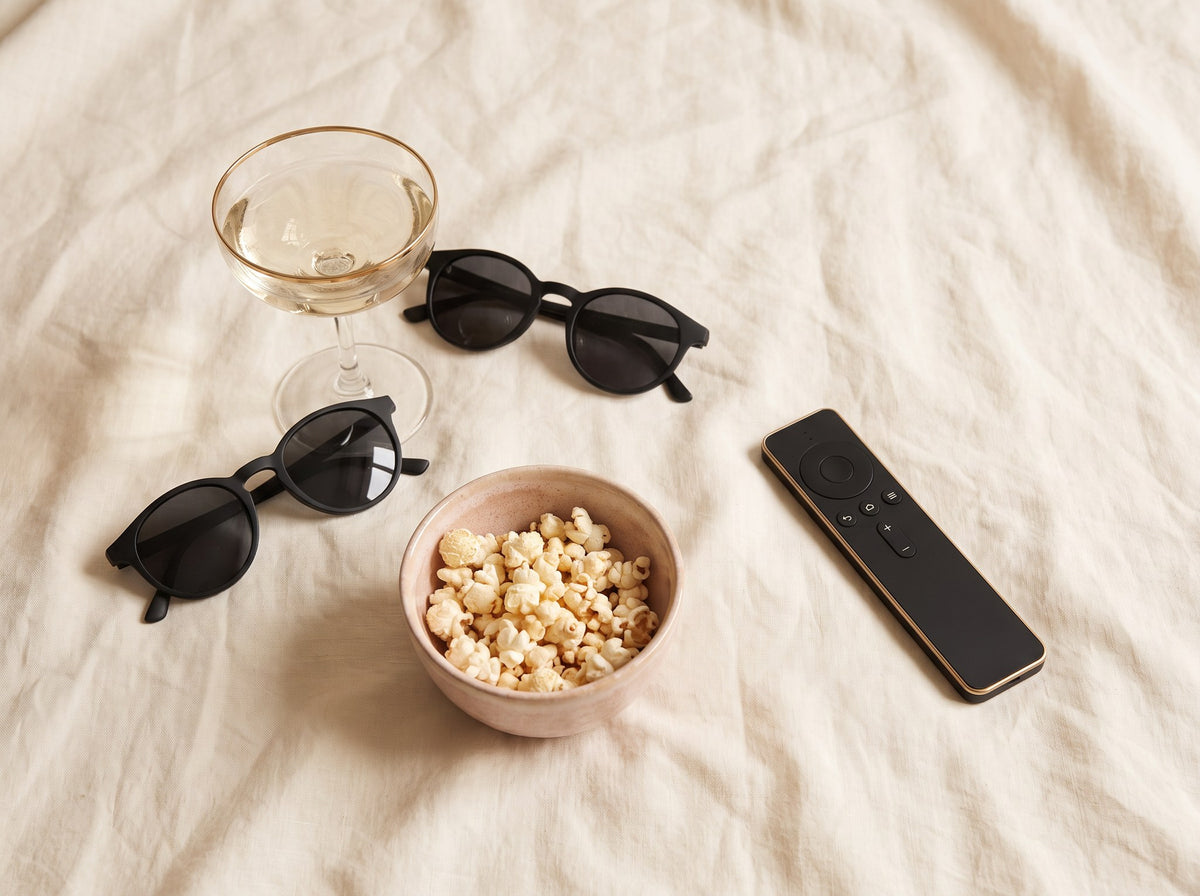 A coupe of champagne, black sunglasses, a blush bowl of popcorn and a black remote control.