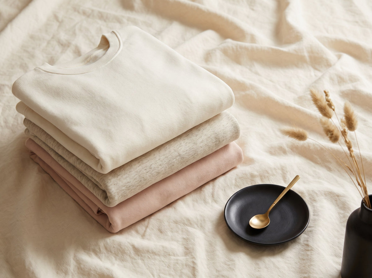 A stack of three folded plain sweatshirts in cream, oatmeal and soft blush on cream linen.