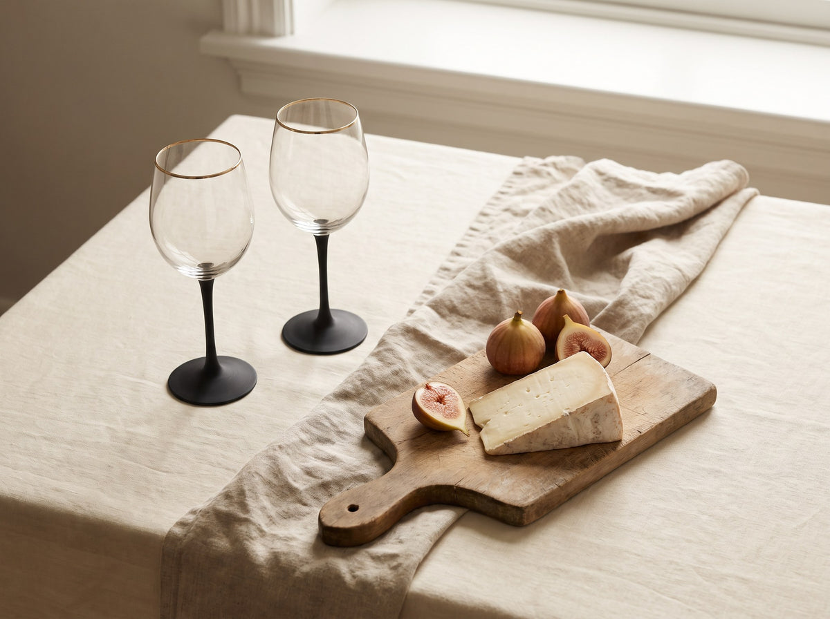 Two wine glasses beside a wooden board with cheese and figs on a beige linen runner.