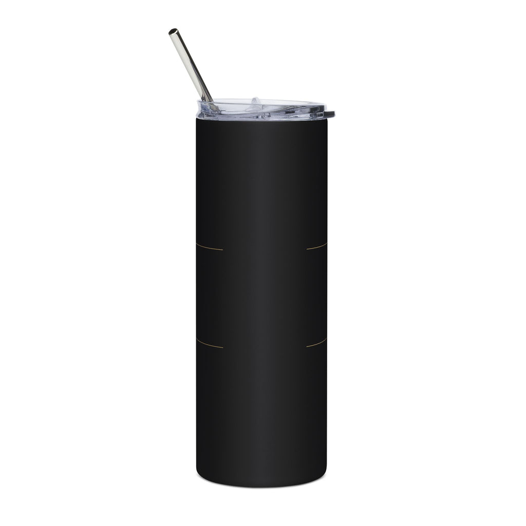 Back view of the matte black 20oz insulated skinny tumbler showing the lid and stainless straw