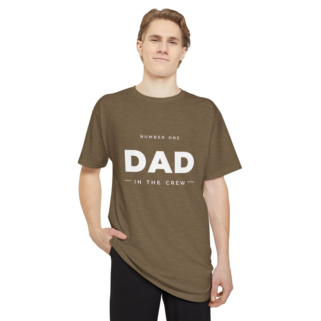 #1 Dad in the Crew tee in Heather Olive, worn by a model, front