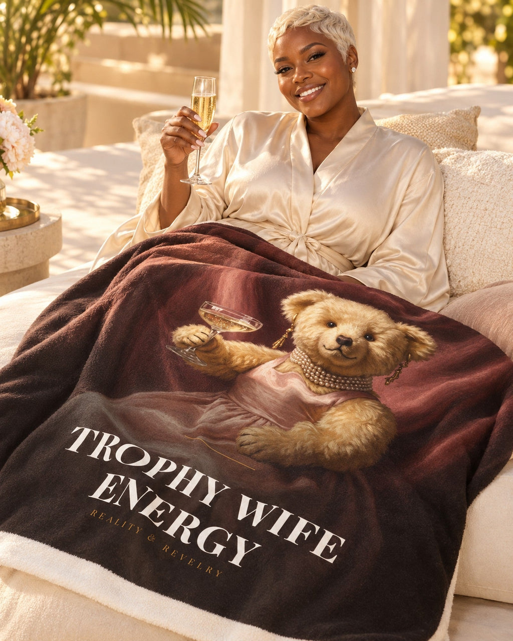 Lifestyle photo of the Trophy Wife Energy Throw Blanket