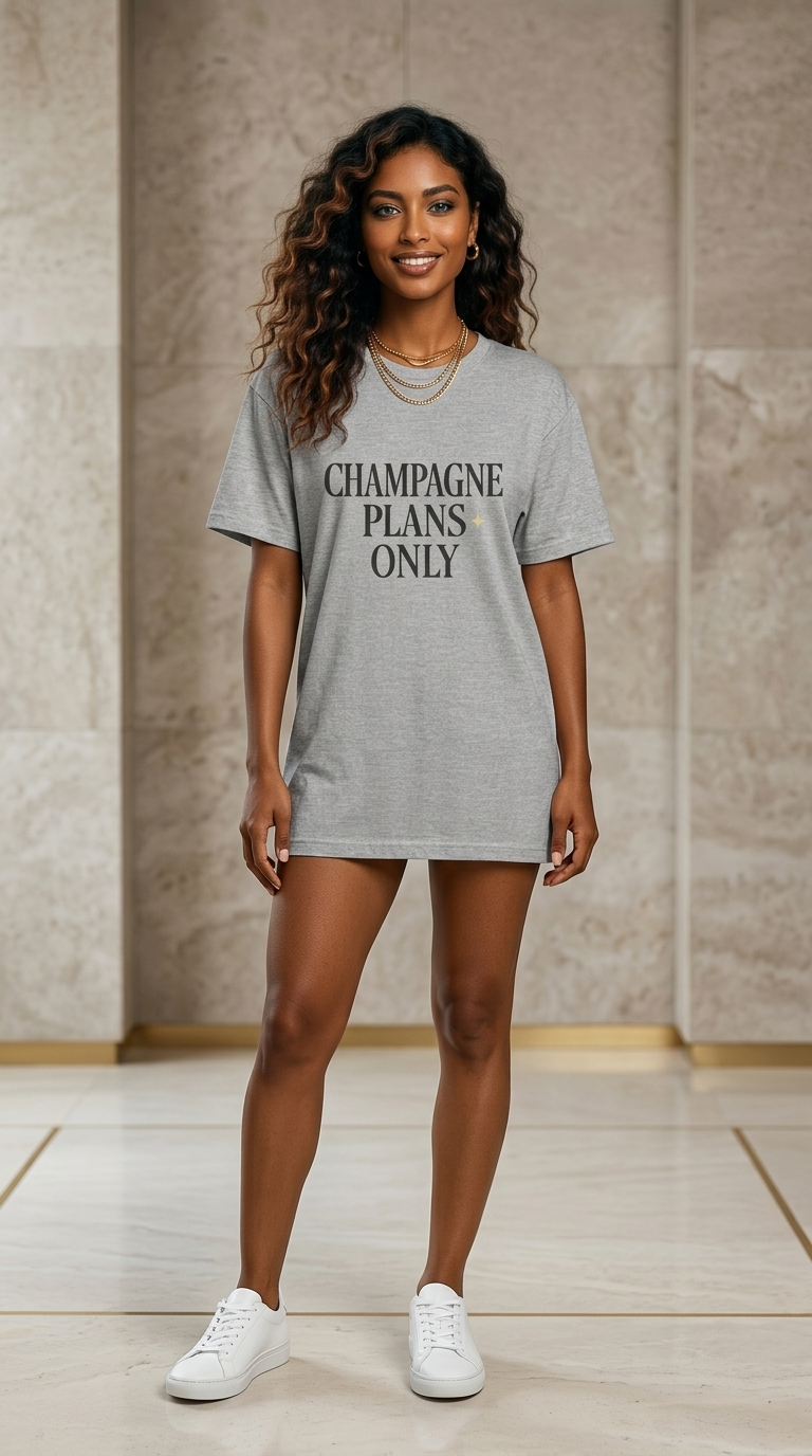 Champagne Plans Only heather grey tee worn long, full length front view on a model