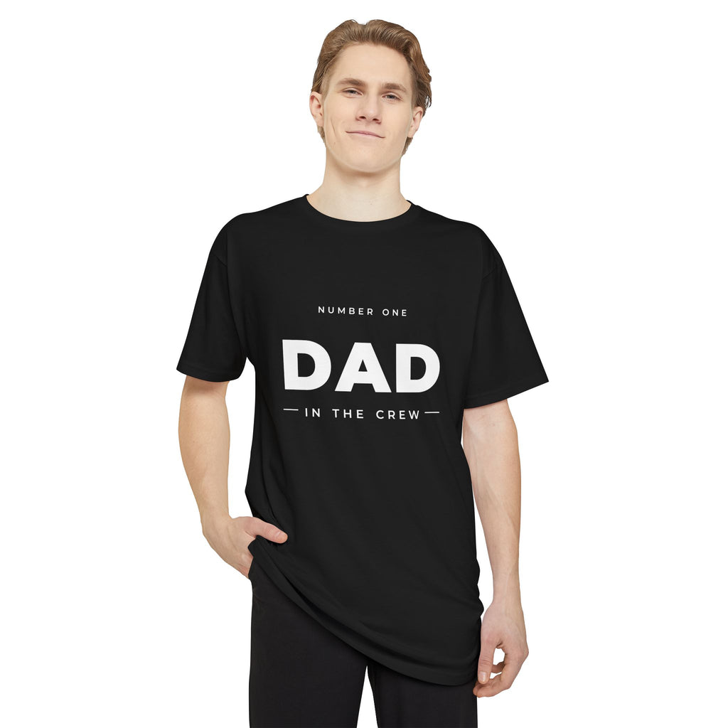 #1 Dad in the Crew tee in Black, worn by a model, front