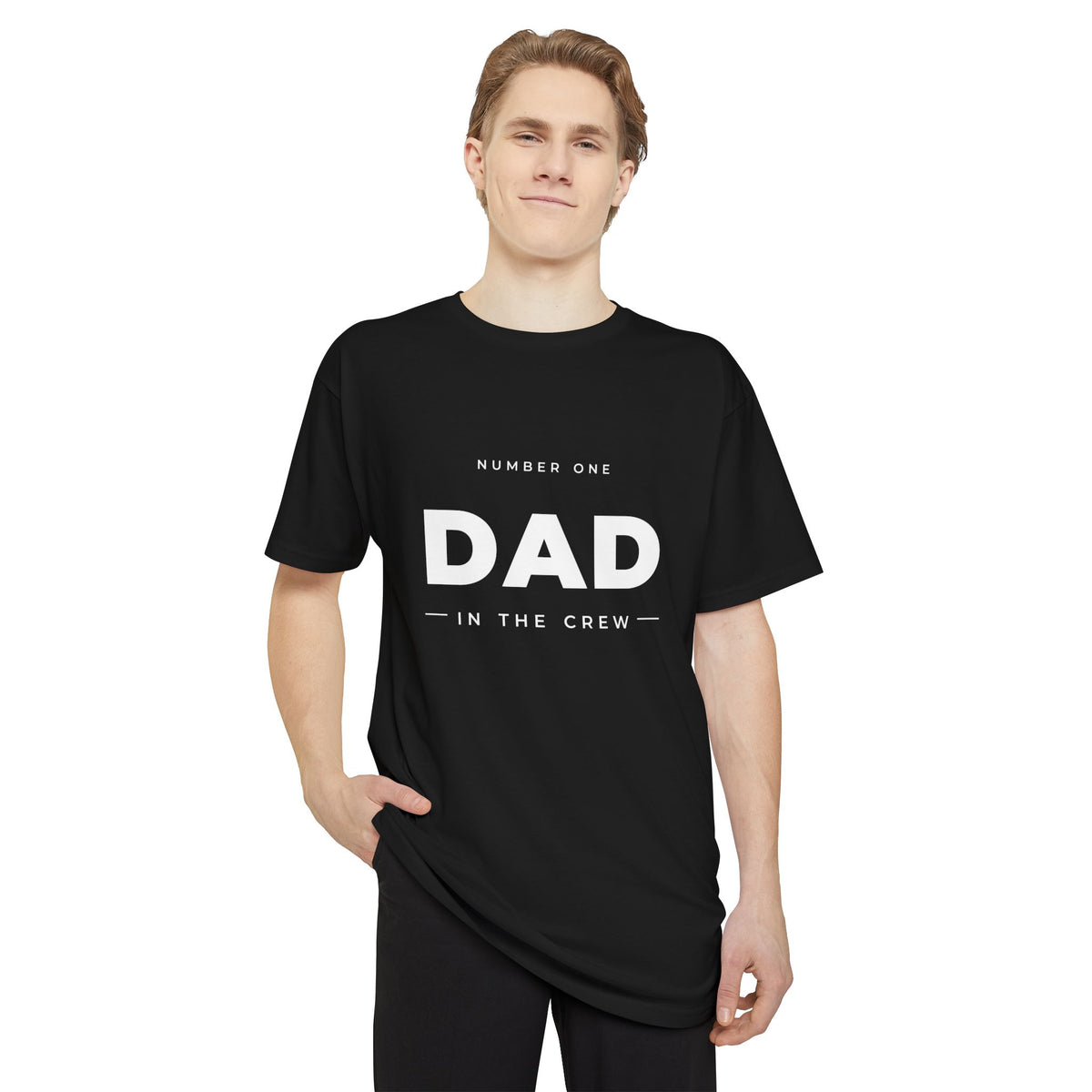 #1 Dad in the Crew tee in Black, worn by a model, front