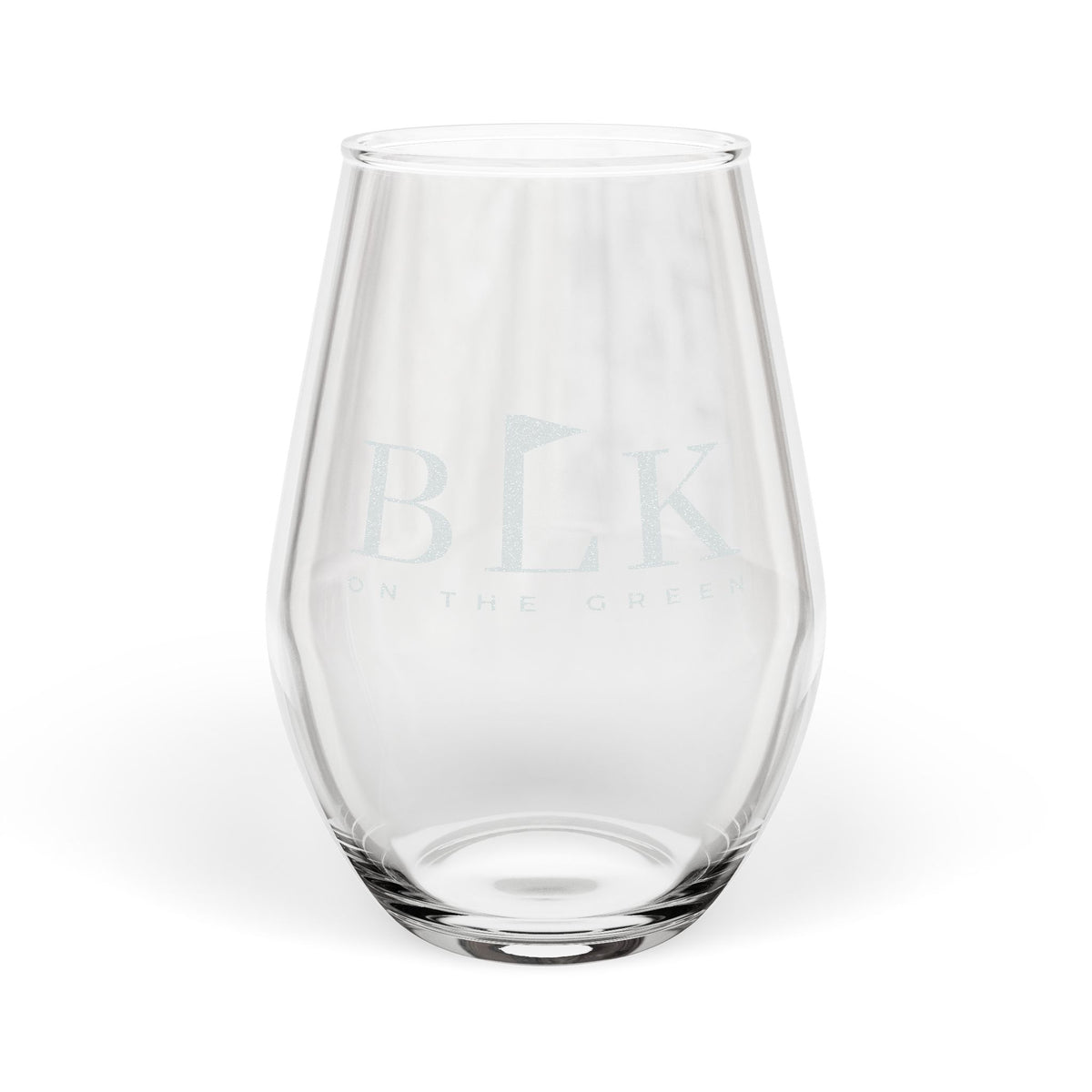 BLK on the Green engraved stemless wine glass with a frosted etched brand lockup
