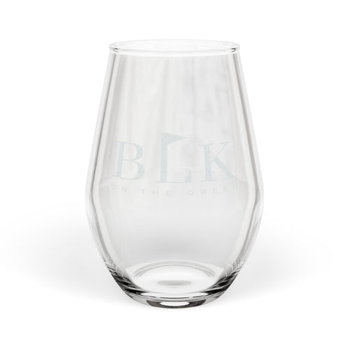 BLK on the Green engraved stemless wine glass with a frosted etched brand lockup