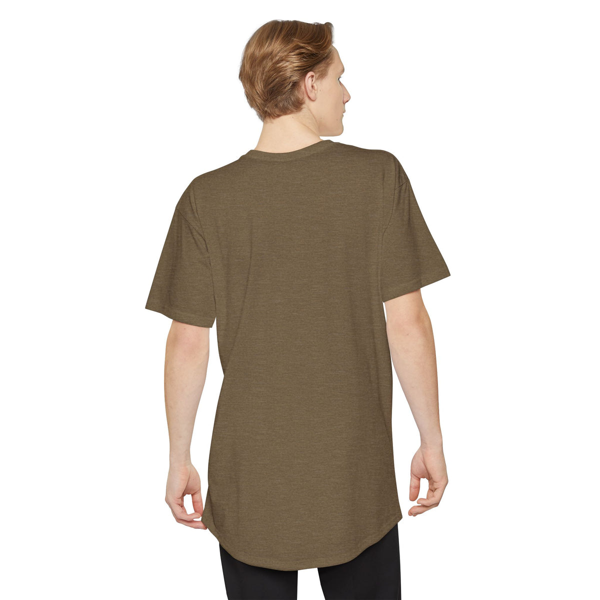 #1 Dad in the Crew tee in Heather Olive, worn by a model, back