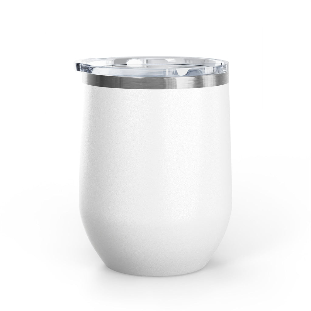 High Taste Low Tolerance insulated wine tumbler, twelve ounce stainless steel with cream and gold lettering, detail of the lettering