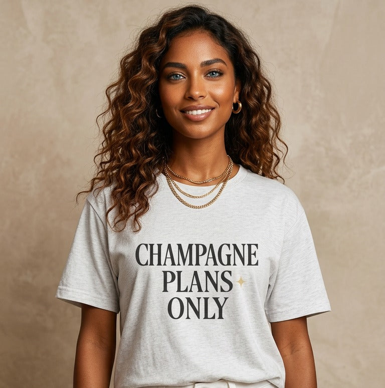 Champagne Plans Only heather grey tee, front view on a model
