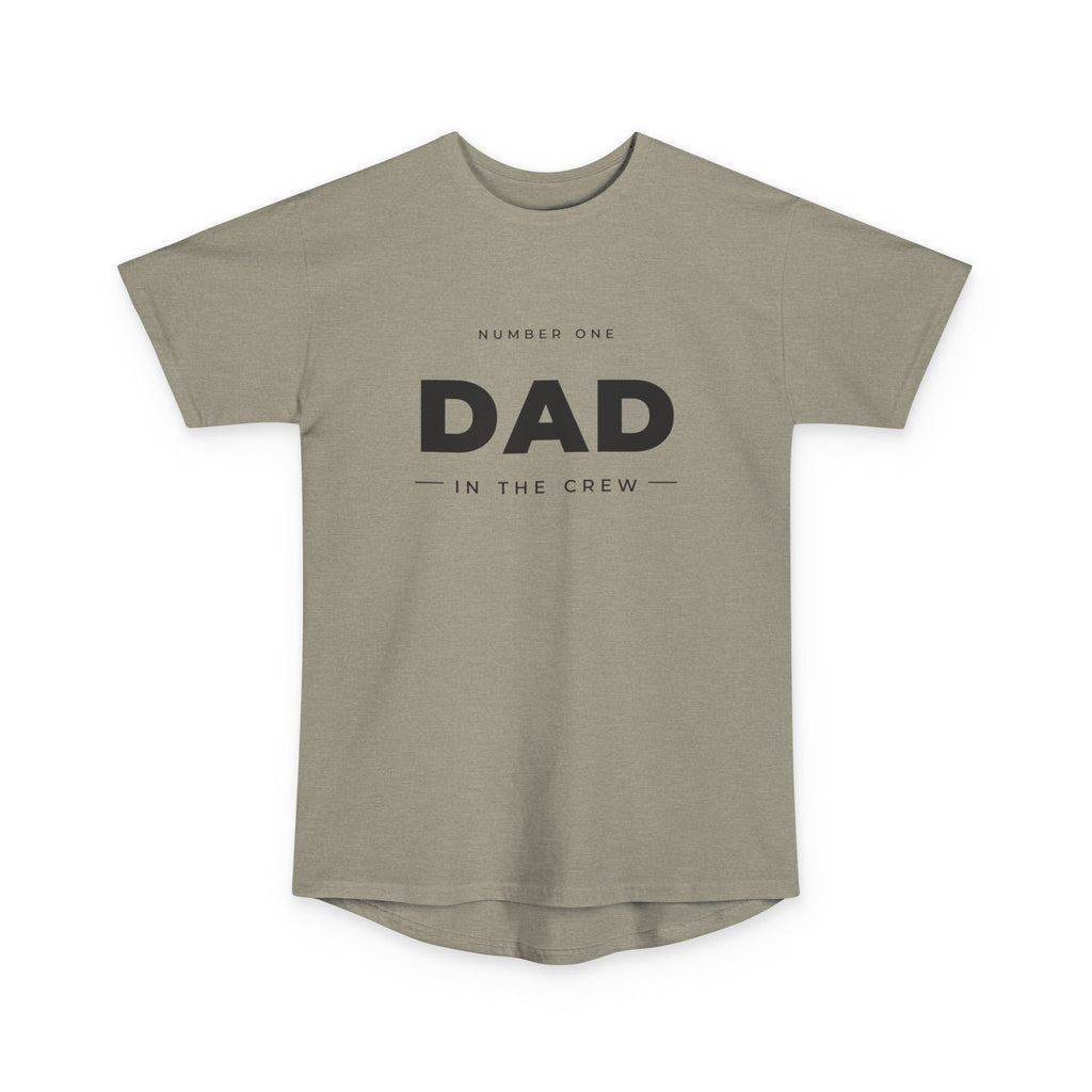 #1 Dad in the Crew tee in Heather Stone, flat front view showing the chest print