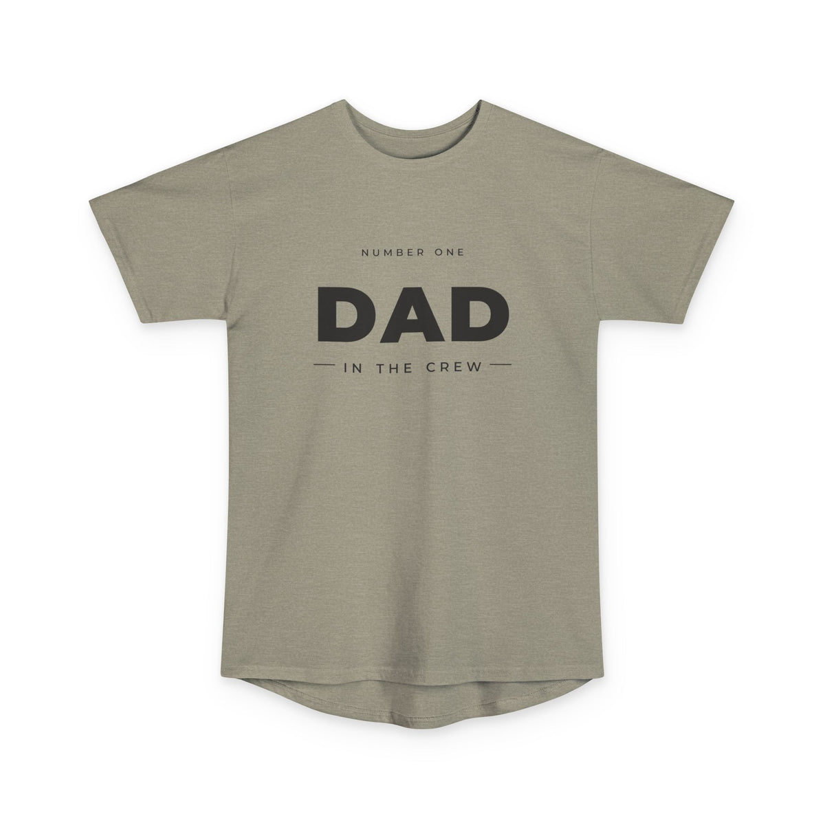 #1 Dad in the Crew tee in Heather Stone, flat front view showing the chest print