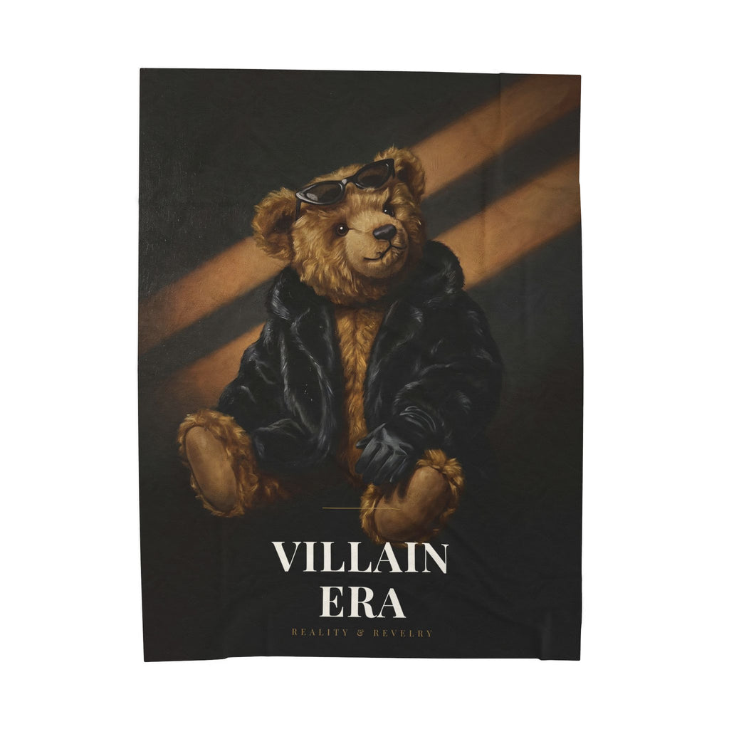 Villain Era plush velveteen throw blanket with a painted bear in a black faux fur coat and sunglasses, shown at fifty by sixty inches on a bed