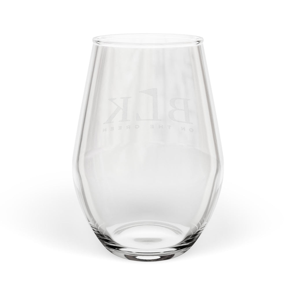 BLK on the Green engraved stemless wine glass with a frosted etched brand lockup, detail of the lettering