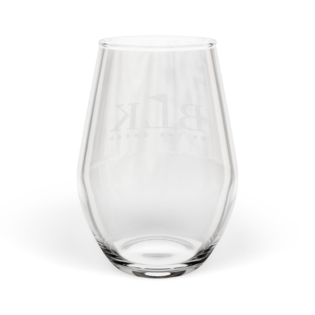 BLK on the Green engraved stemless wine glass with a frosted etched brand lockup, detail of the lettering