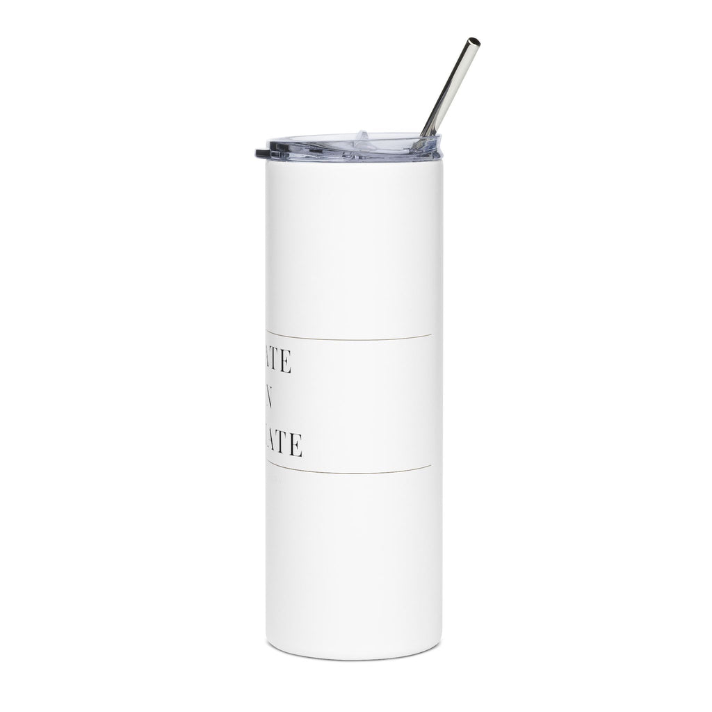 White 20oz skinny tumbler at an angle with the lettering near the curve of the cup