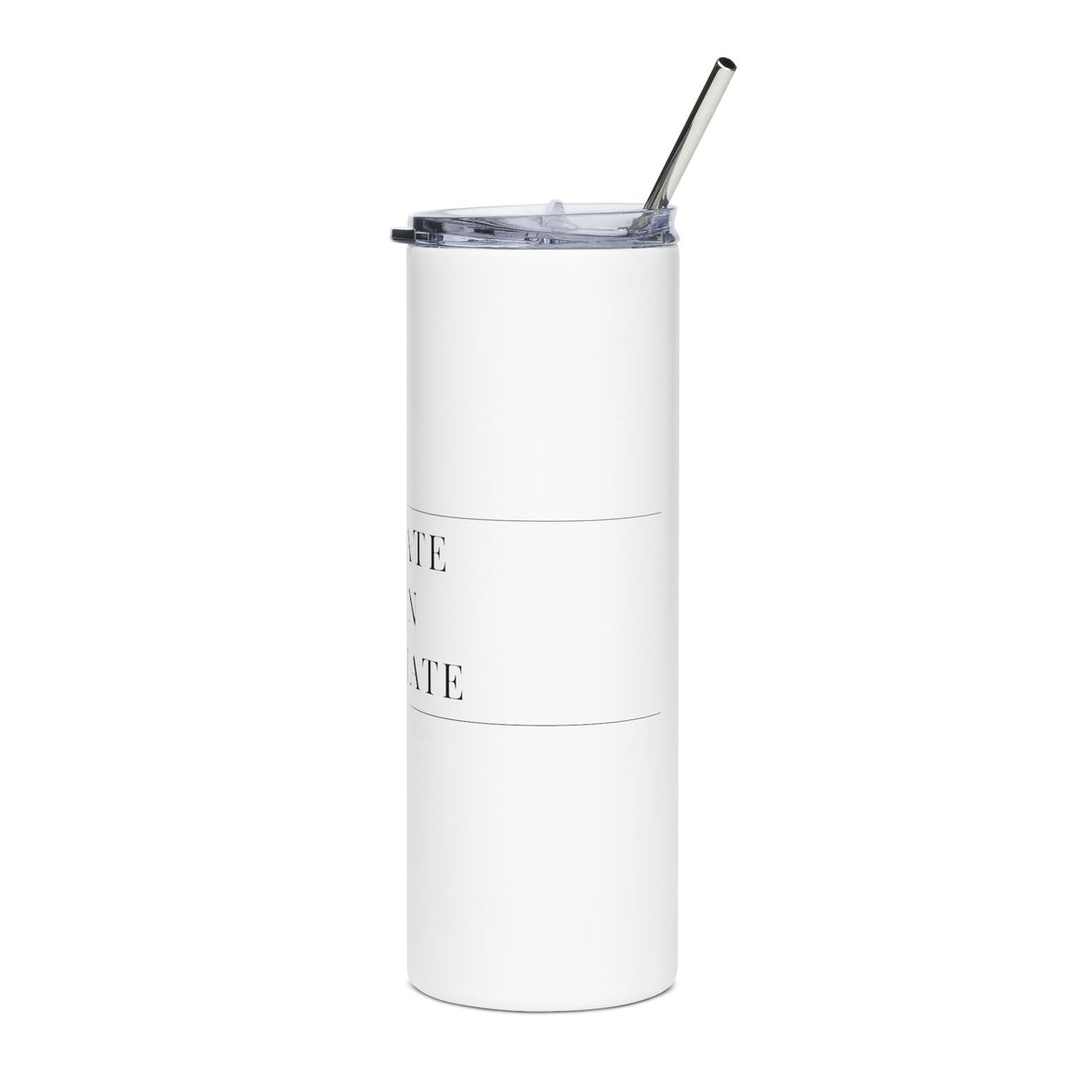 White 20oz skinny tumbler at an angle with the lettering near the curve of the cup