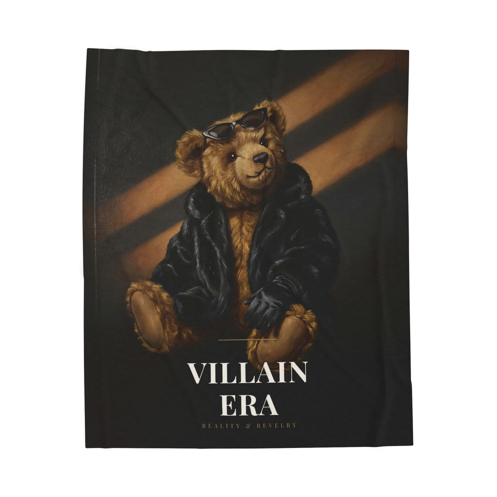 Villain Era plush velveteen throw blanket with a painted bear in a black faux fur coat and sunglasses