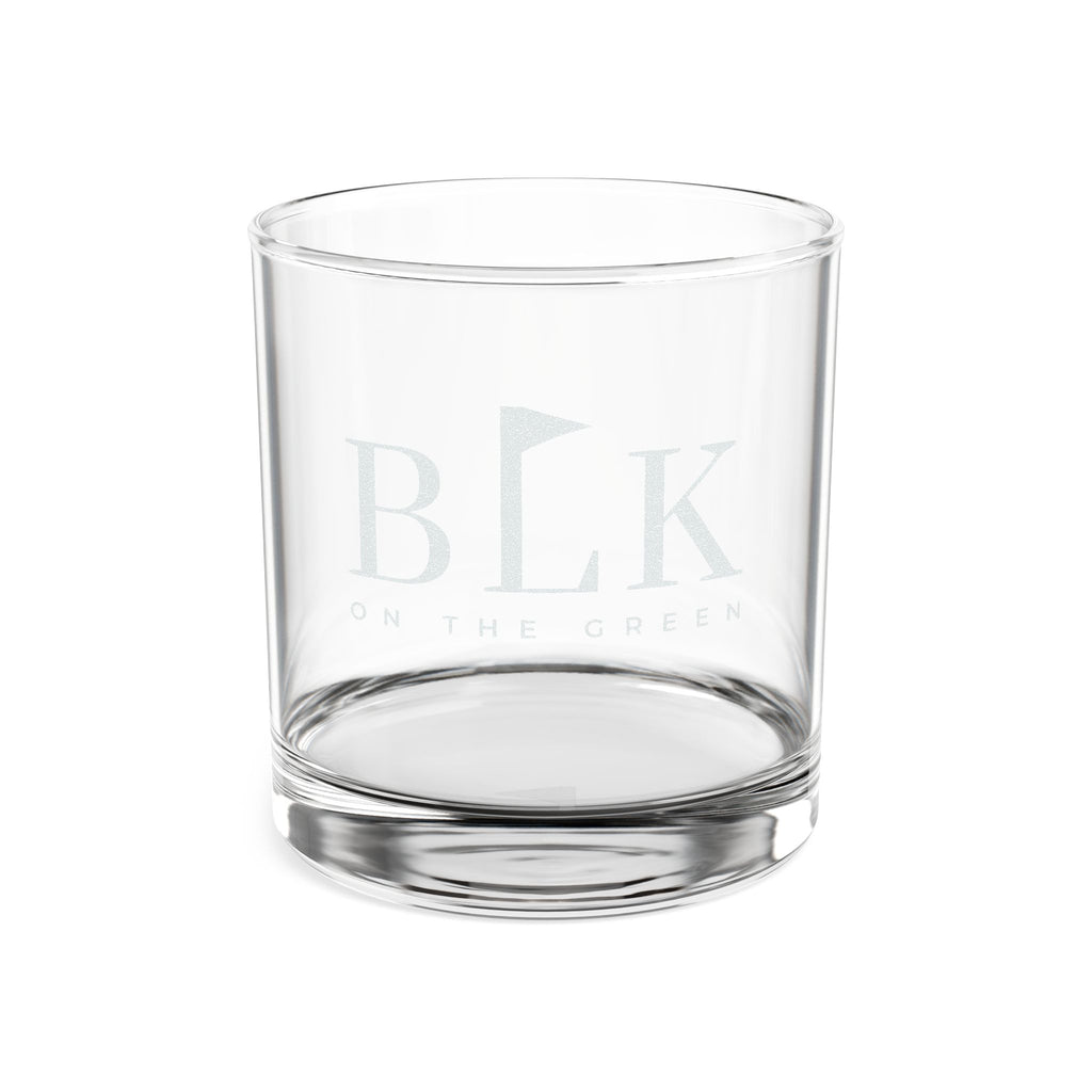 BLK on the Green engraved 10.5oz rocks glass, frosted BLK monogram with On The Green beneath it