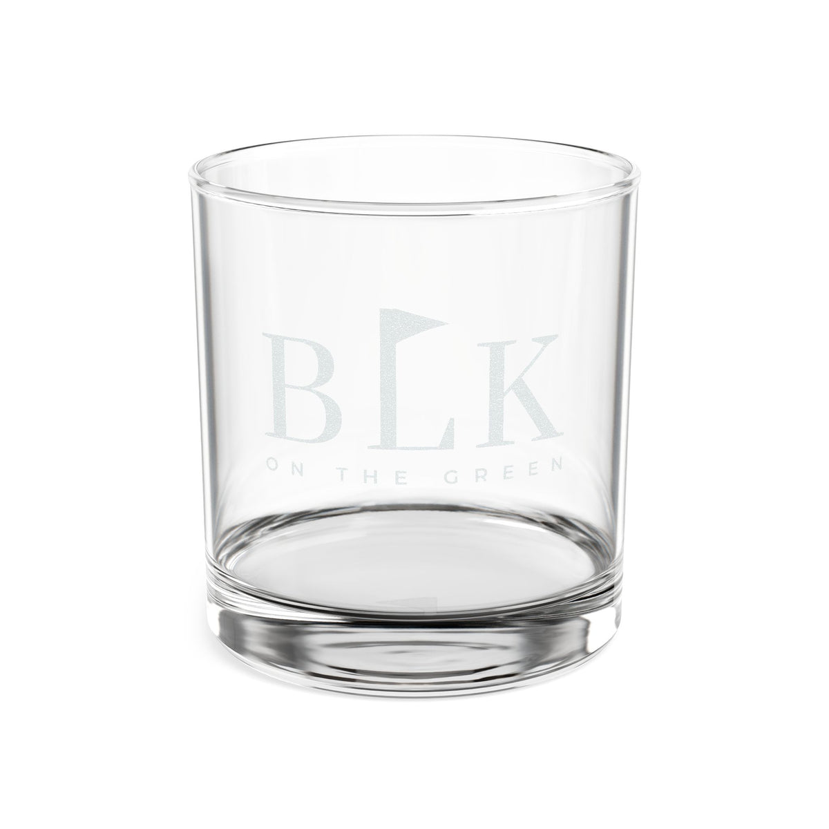 BLK on the Green engraved 10.5oz rocks glass, frosted BLK monogram with On The Green beneath it