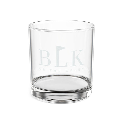 BLK on the Green engraved 10.5oz rocks glass, frosted BLK monogram with On The Green beneath it