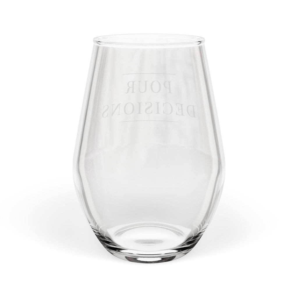 Pour Decisions stemless wine glass with wrap-around serif lettering and antique gold hairline rules, alternate angle