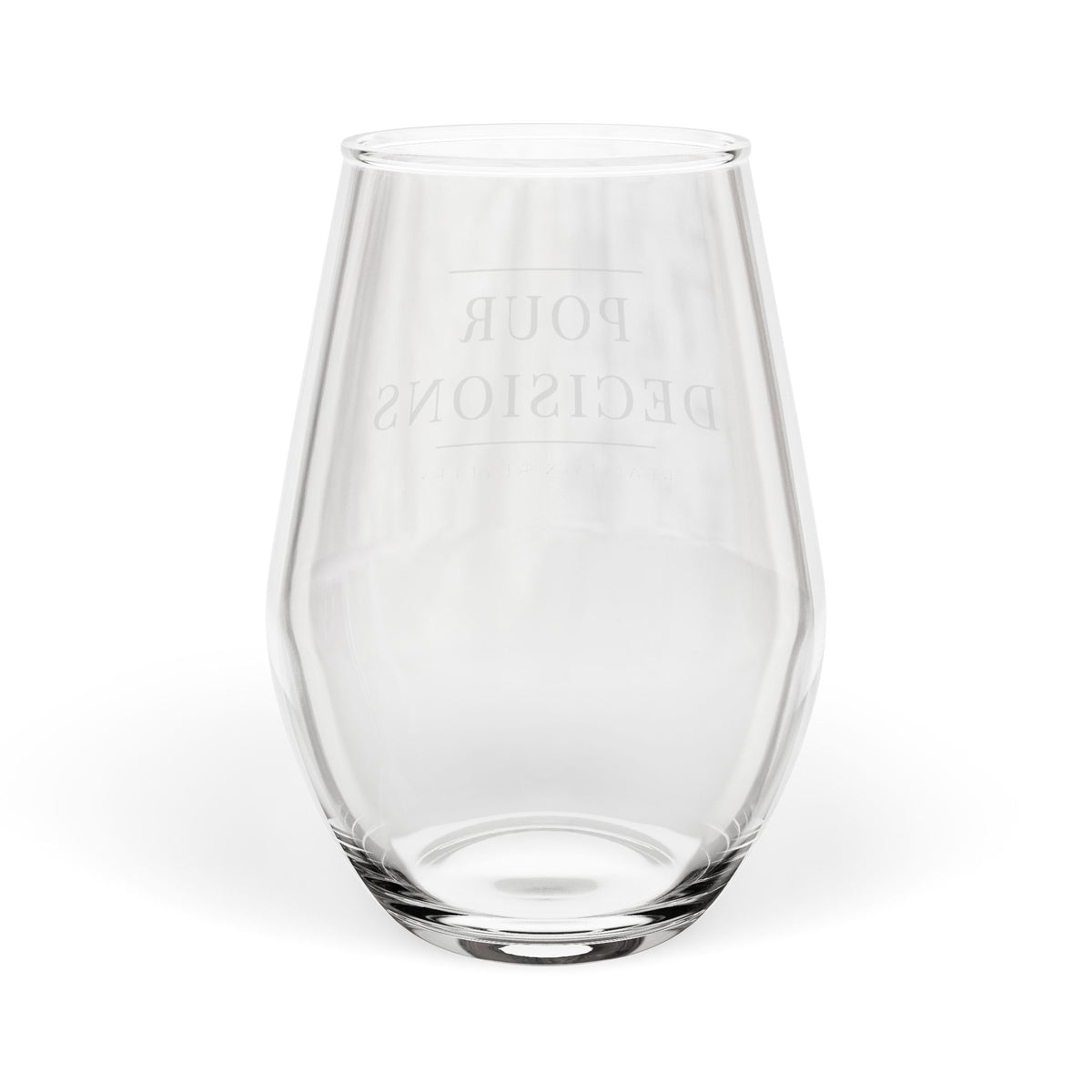 Pour Decisions stemless wine glass with wrap-around serif lettering and antique gold hairline rules, alternate angle