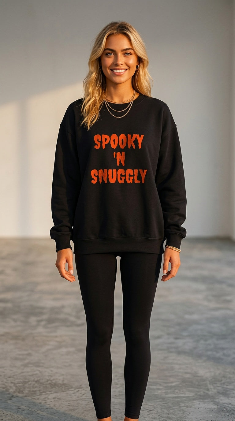 Spooky and Snuggly black crewneck sweatshirt with orange lettering, front view on a model