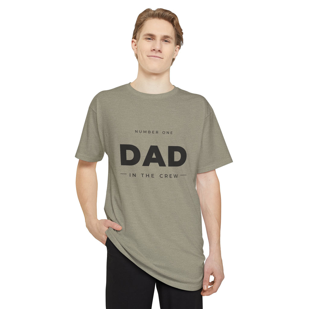 #1 Dad in the Crew tee in Heather Stone, worn by a model, front
