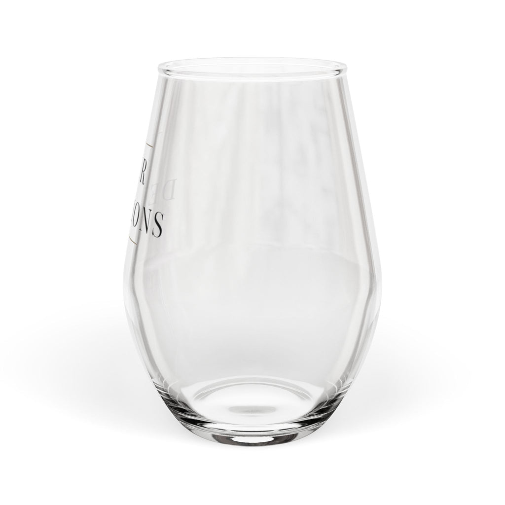 Pour Decisions stemless wine glass with wrap-around serif lettering and antique gold hairline rules, detail of the lettering