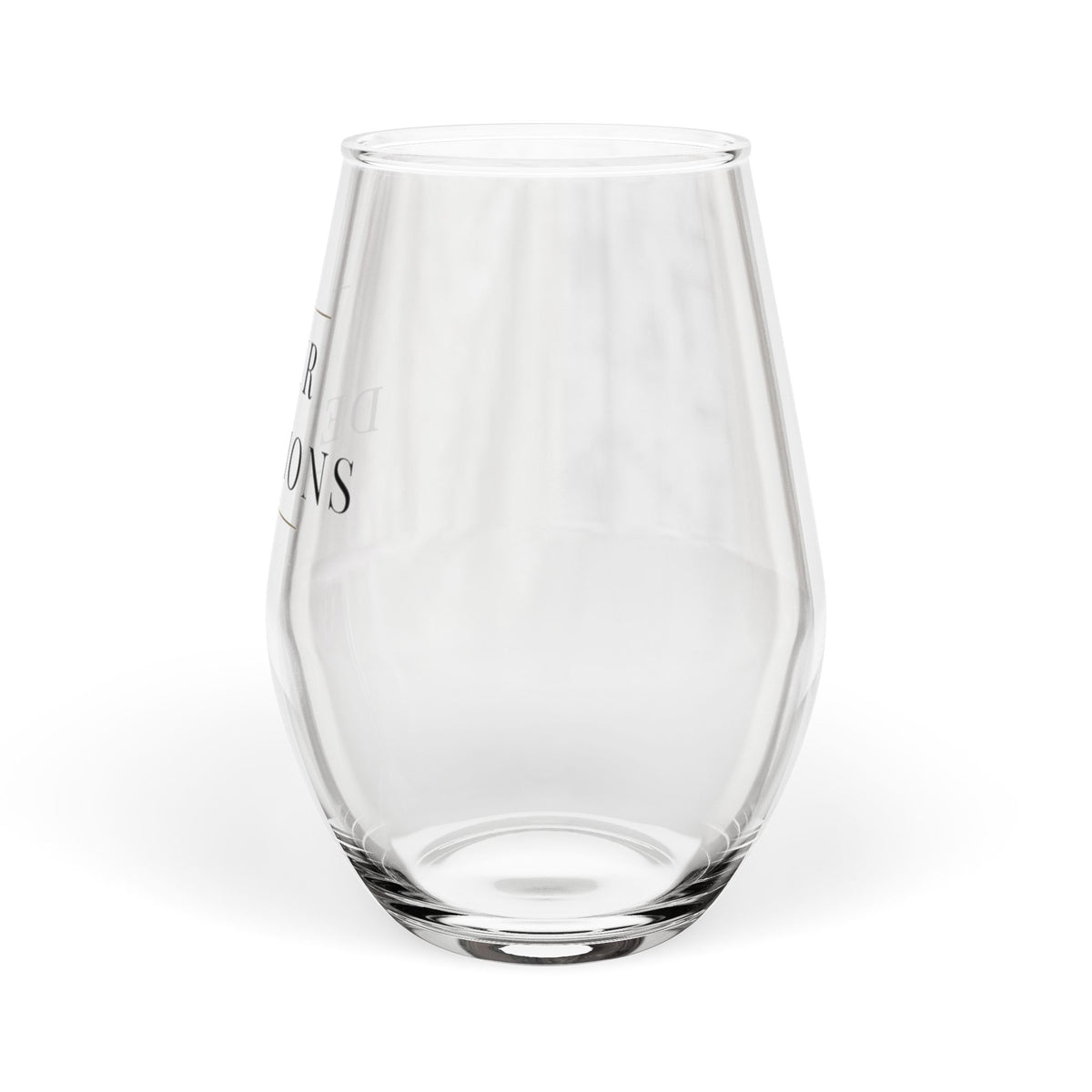 Pour Decisions stemless wine glass with wrap-around serif lettering and antique gold hairline rules, detail of the lettering
