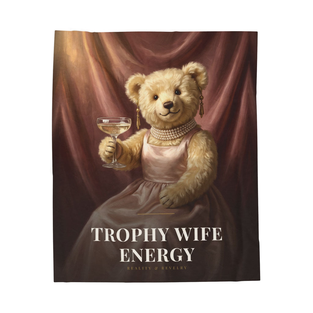 Trophy Wife Energy plush velveteen throw blanket with a painted bear in a blush satin gown holding a champagne coupe