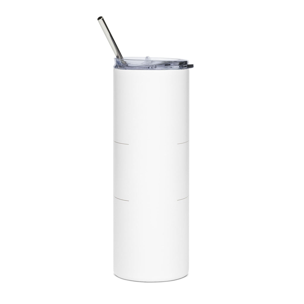 Back view of the white 20oz insulated skinny tumbler showing the lid and stainless straw