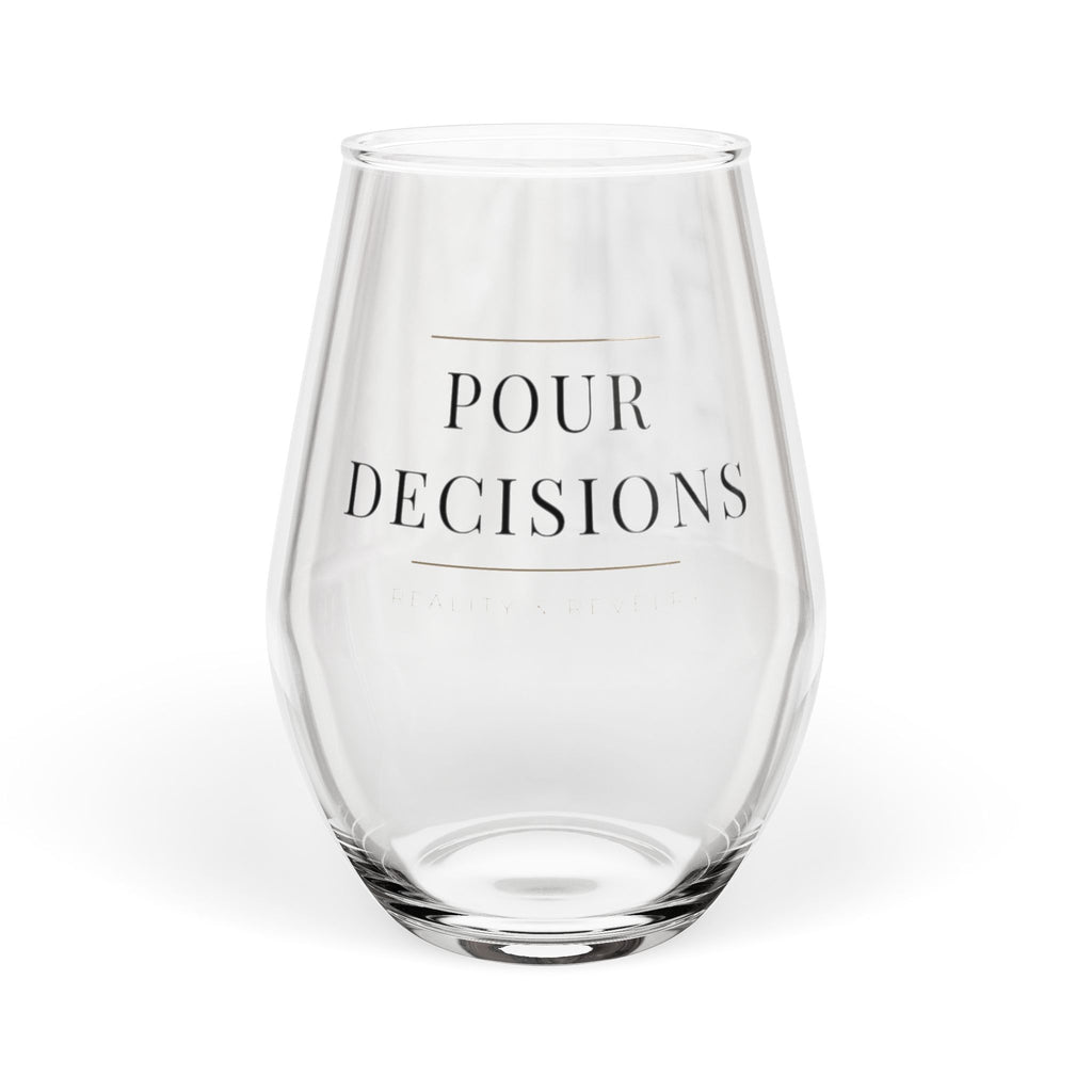 Pour Decisions stemless wine glass with wrap-around serif lettering and antique gold hairline rules