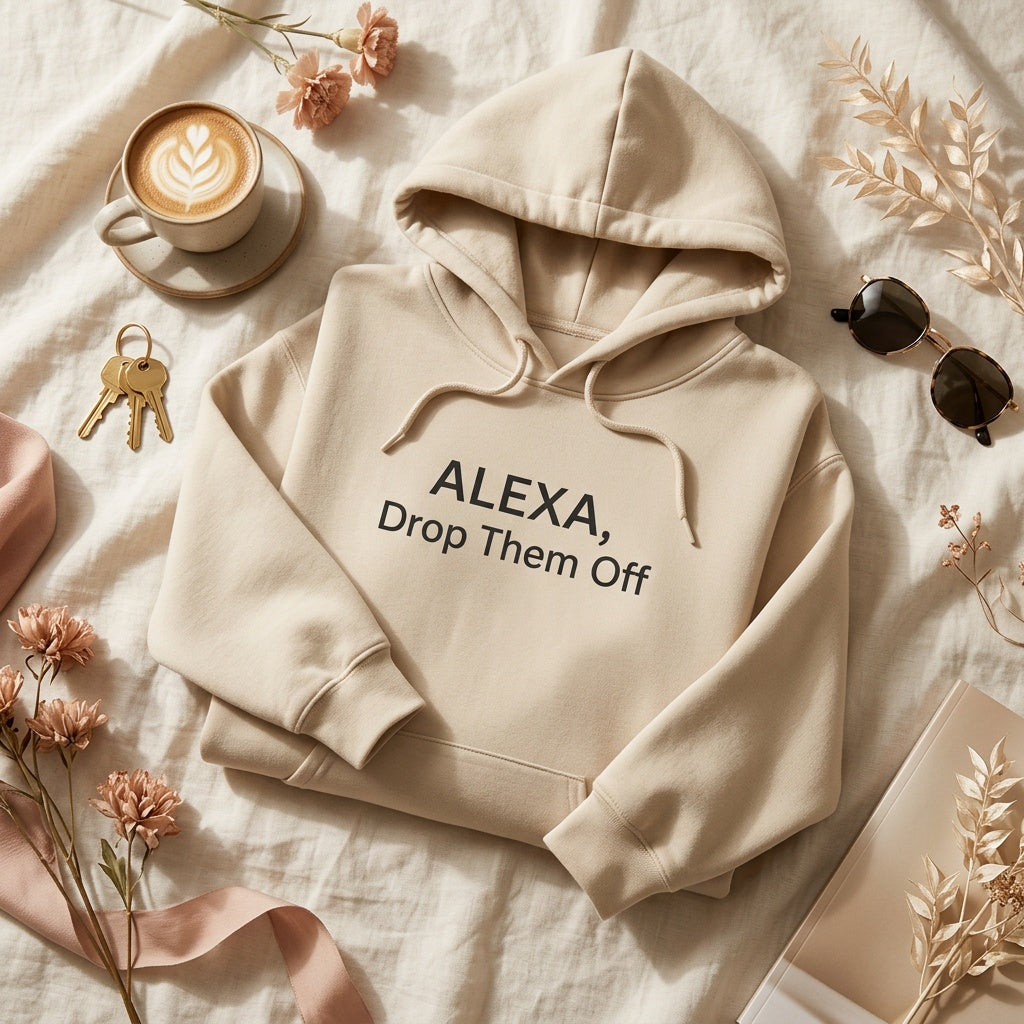 Sand Alexa, Drop Them Off hoodie flat lay with coffee, keys and sunglasses