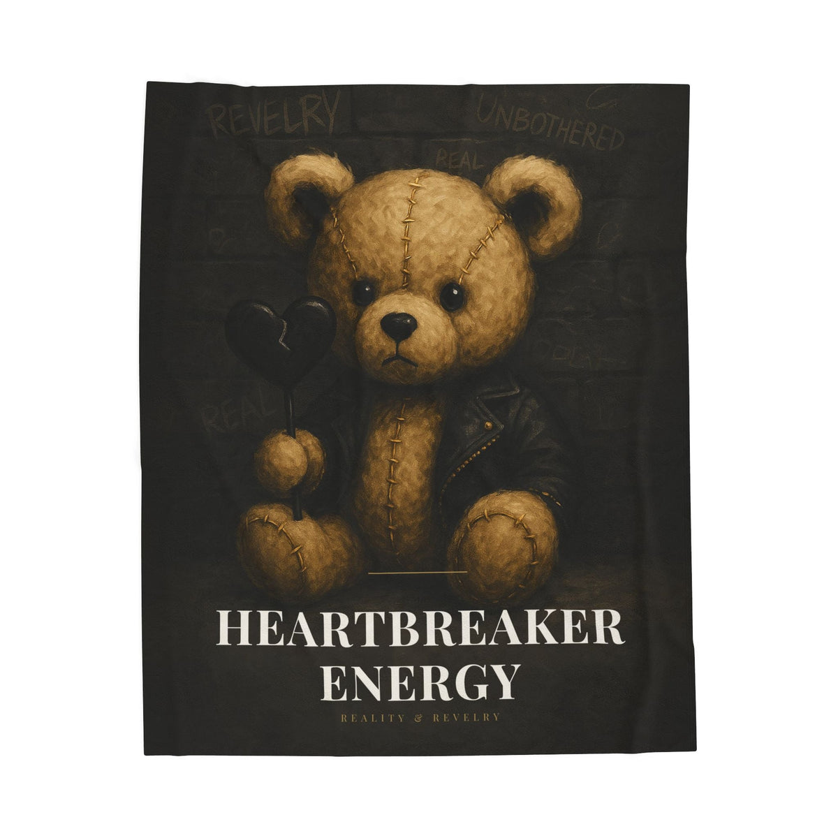 Heartbreaker Energy plush velveteen throw blanket in black with a stitched teddy bear print