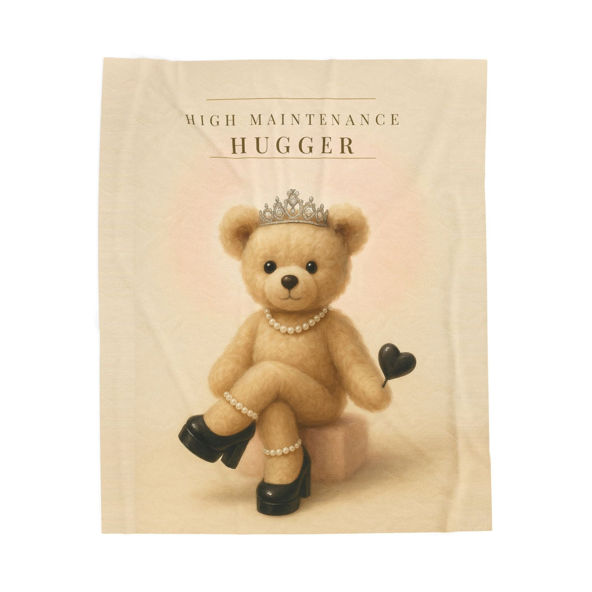 High Maintenance Hugger plush velveteen throw blanket in cream with a teddy bear print