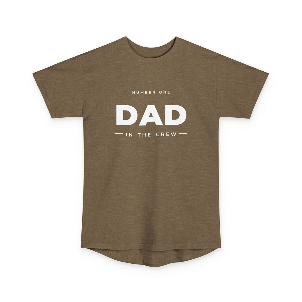 #1 Dad in the Crew tee in Heather Olive, flat front view showing the chest print