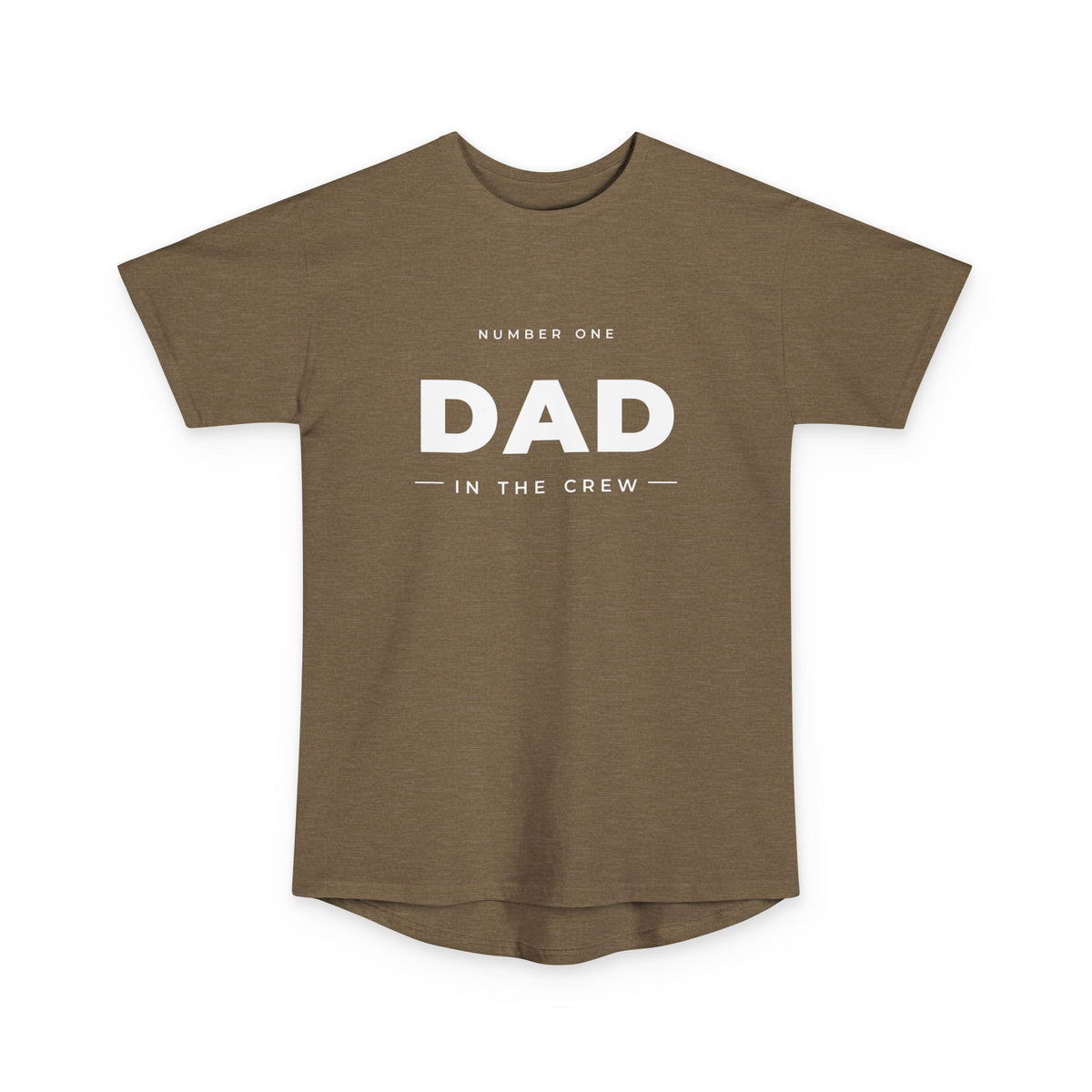 #1 Dad in the Crew tee in Heather Olive, flat front view showing the chest print