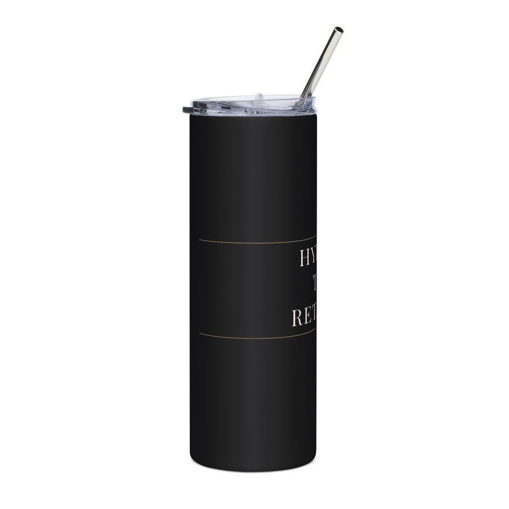 Matte black 20oz skinny tumbler turned to the side, cream lettering wrapping toward the edge