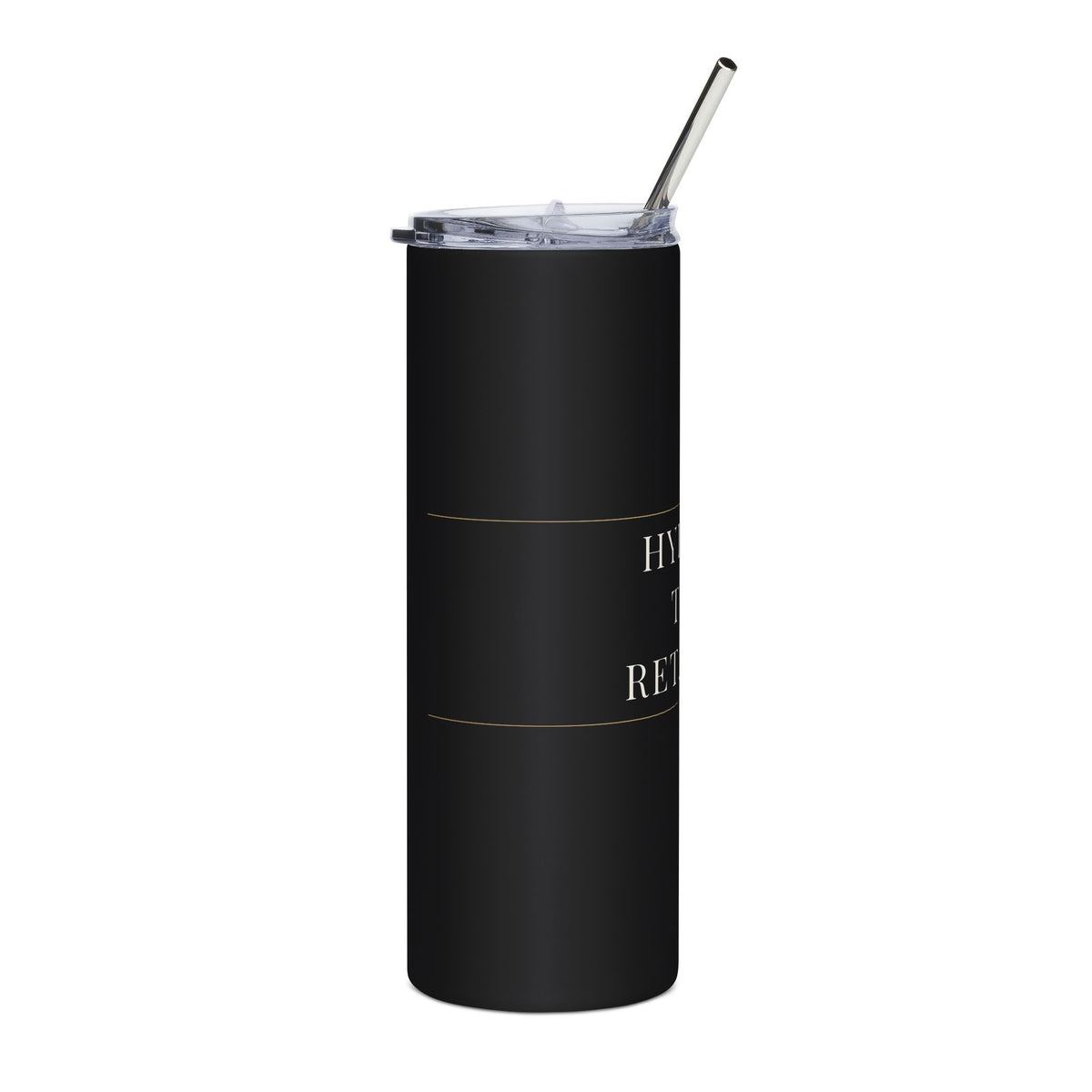 Matte black 20oz skinny tumbler turned to the side, cream lettering wrapping toward the edge