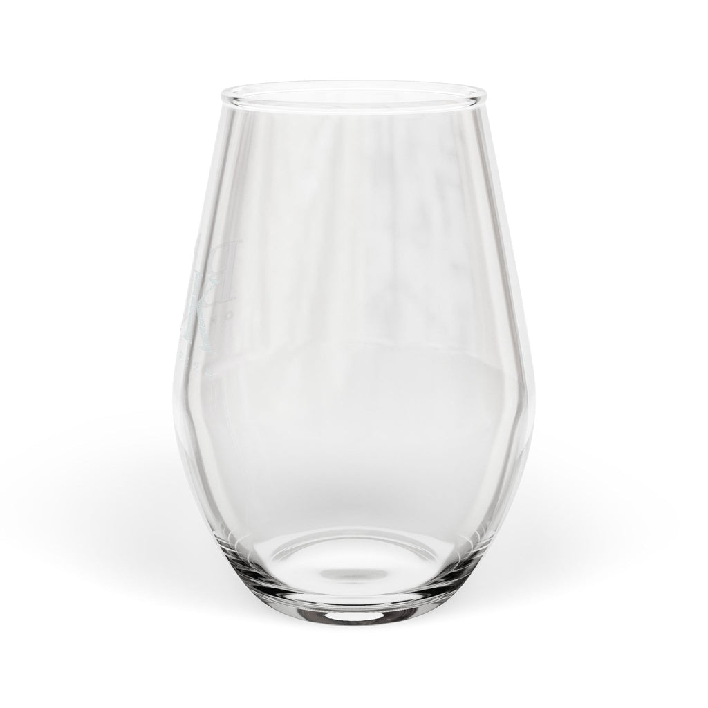 BLK on the Green engraved stemless wine glass with a frosted etched brand lockup, alternate angle