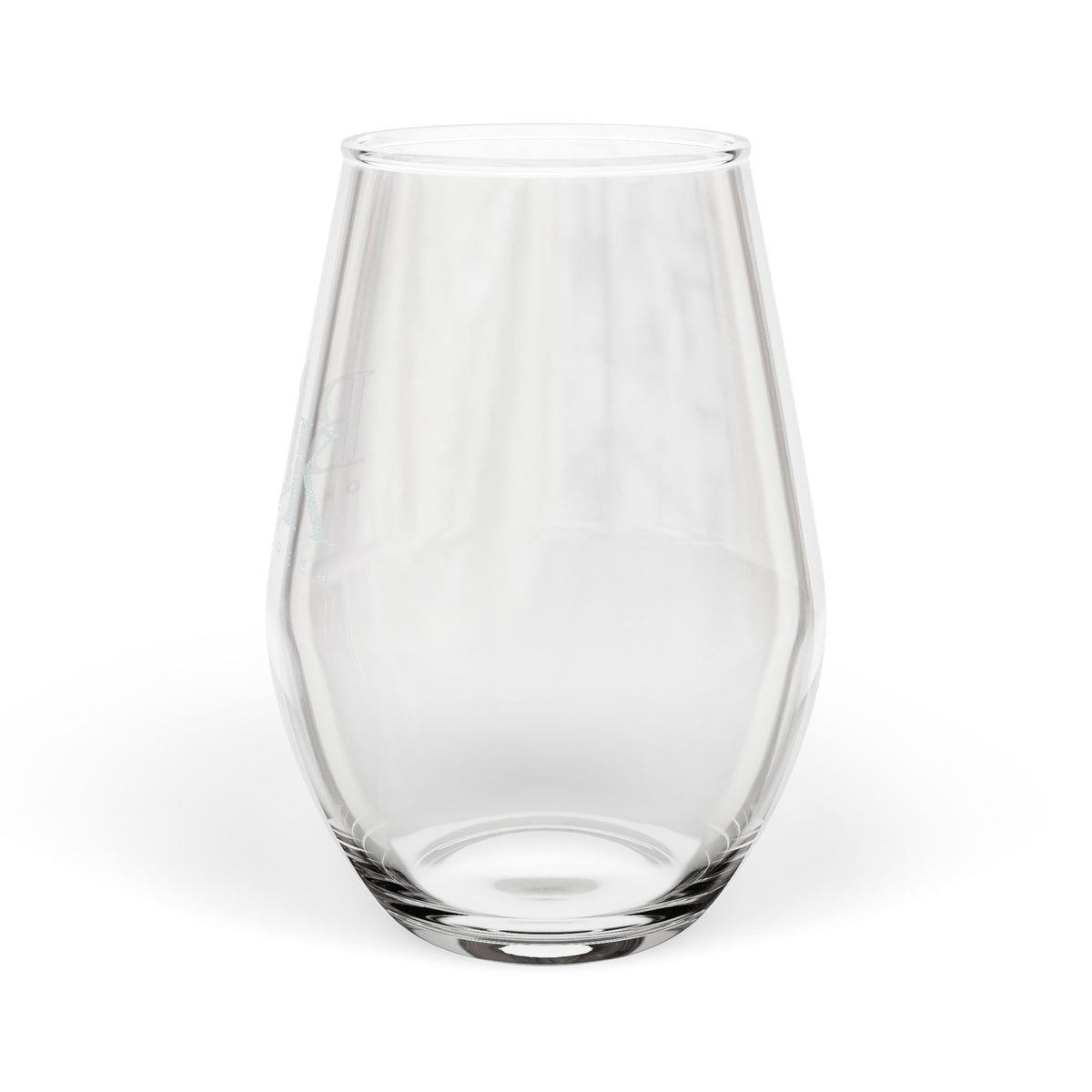 BLK on the Green engraved stemless wine glass with a frosted etched brand lockup, alternate angle