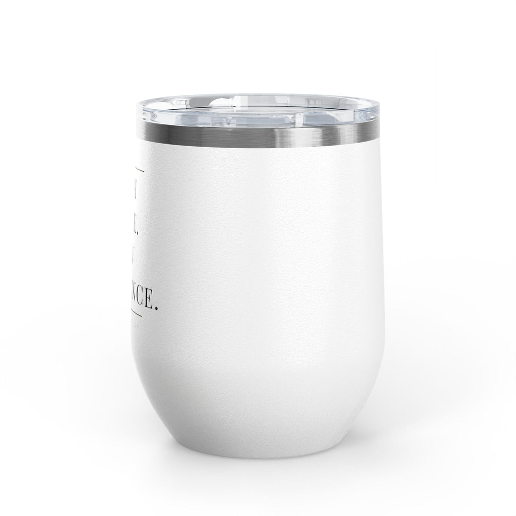 High Taste Low Tolerance insulated wine tumbler, twelve ounce stainless steel with cream and gold lettering, alternate angle