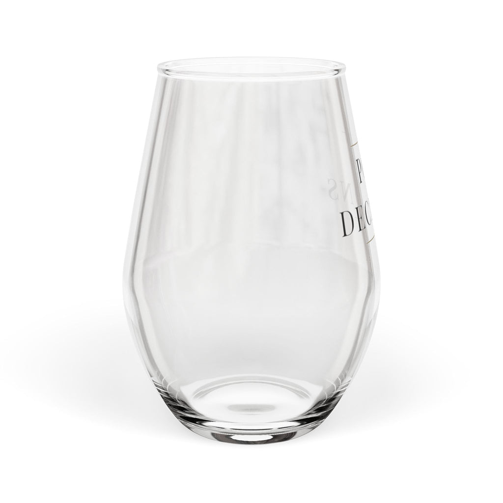 Pour Decisions stemless wine glass with wrap-around serif lettering and antique gold hairline rules, shown from the side