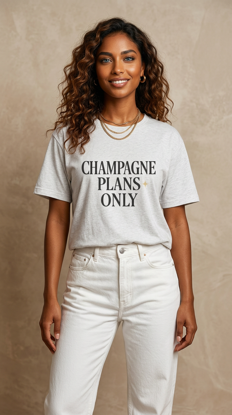 Champagne Plans Only white tee worn with cream jeans, front view on a model