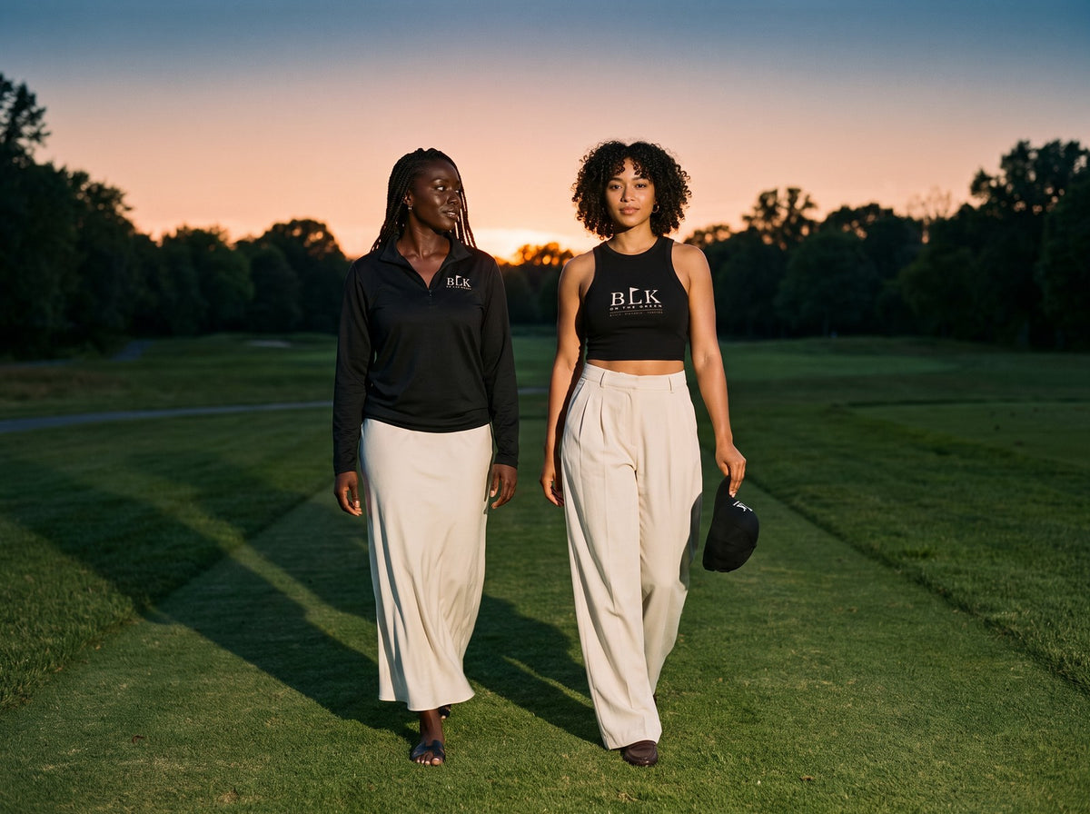 Two women walking at dusk in the BLK on the Green Quarter Zip and Rib Tank